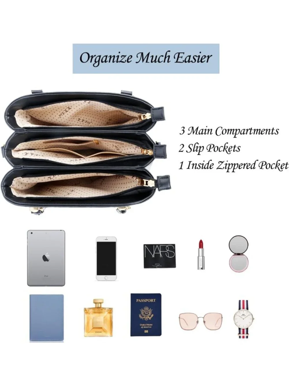 Stylish PU Leather Satchel Bag with Removable Strap, 3 Zippered Compartments